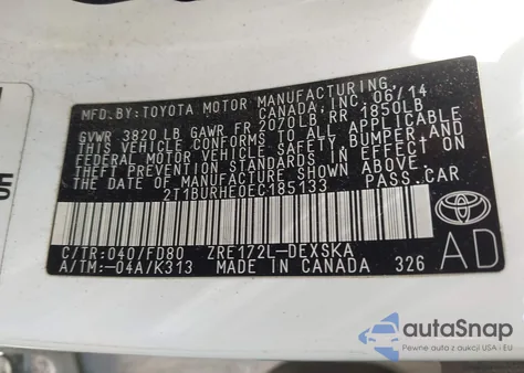 2014 Toyota Corolla S Plus из США, поврежденный, VIN 2T1BURHE0EC185133